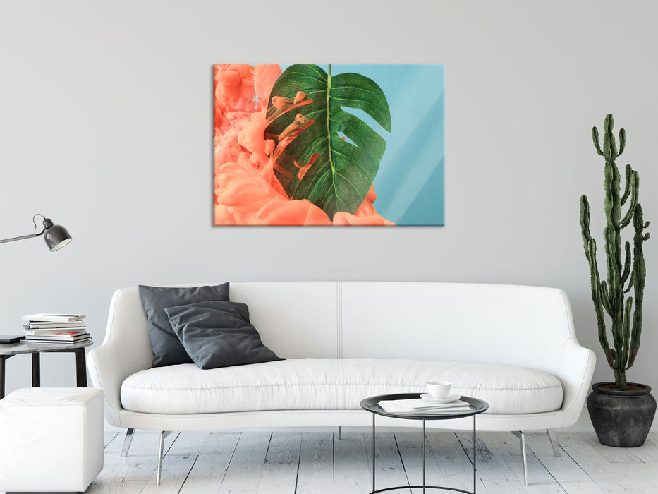 Monstera Blatt mit Pastelwolke, Glasbild