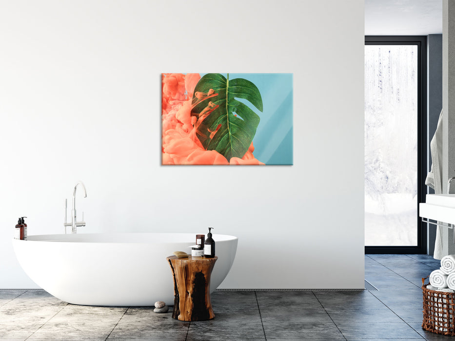 Monstera Blatt mit Pastelwolke, Glasbild