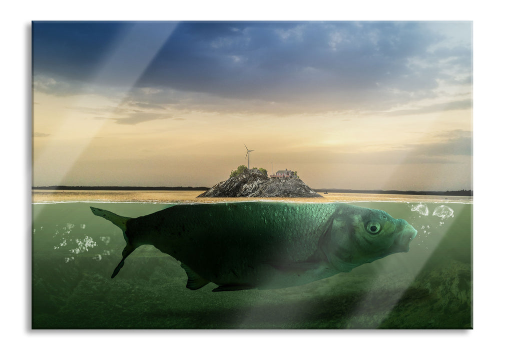 Pixxprint Abstrakter Fisch mit Felsrücken, Glasbild