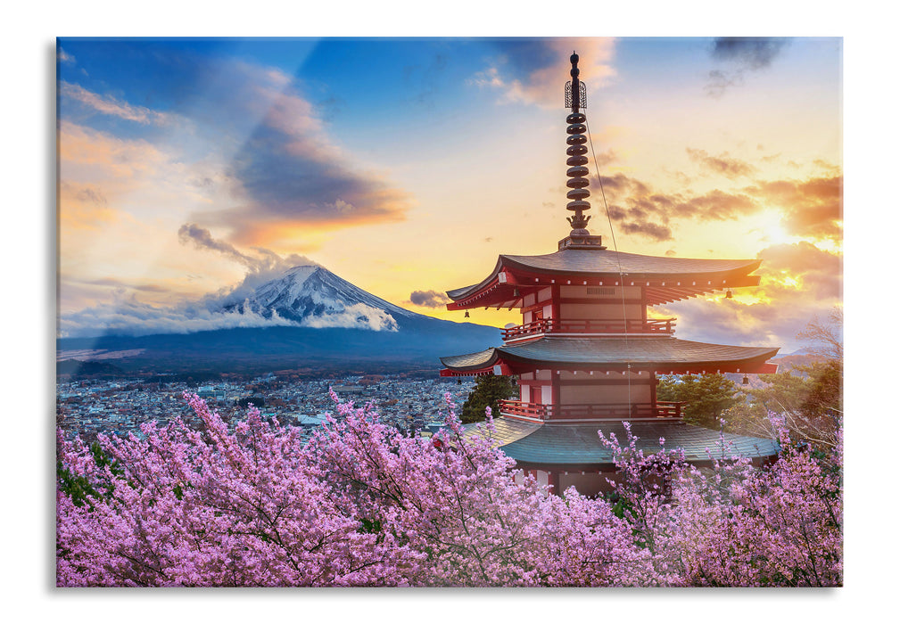 Japanischer Tempel zwischen Kirschblüten, Glasbild