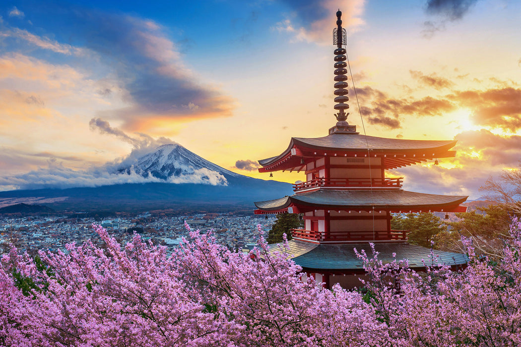Japanischer Tempel zwischen Kirschblüten, Glasbild