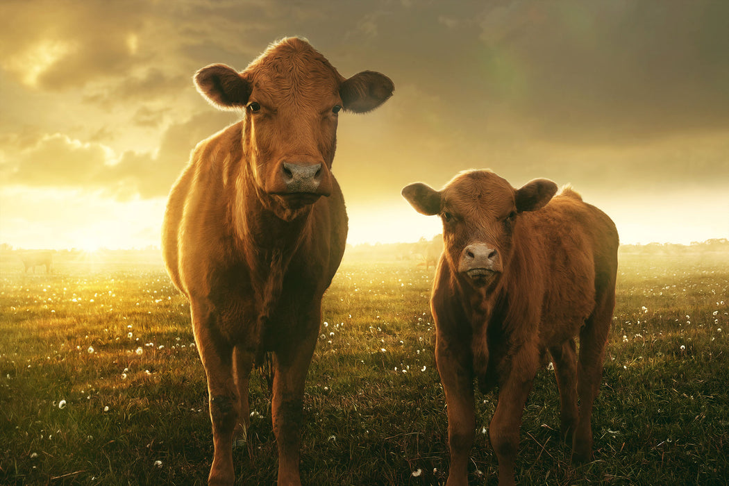 Kuh und Kalb im Sonnenuntergang auf Wiese, Glasbild