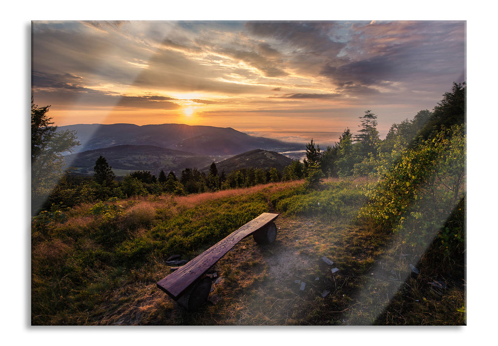 Pixxprint Bank auf Berggipfel bei Sonnenuntergang, Glasbild