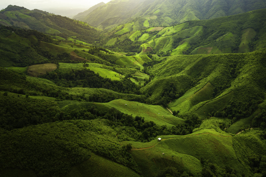 Grüne Berglandschaft in Thailand, Glasbild