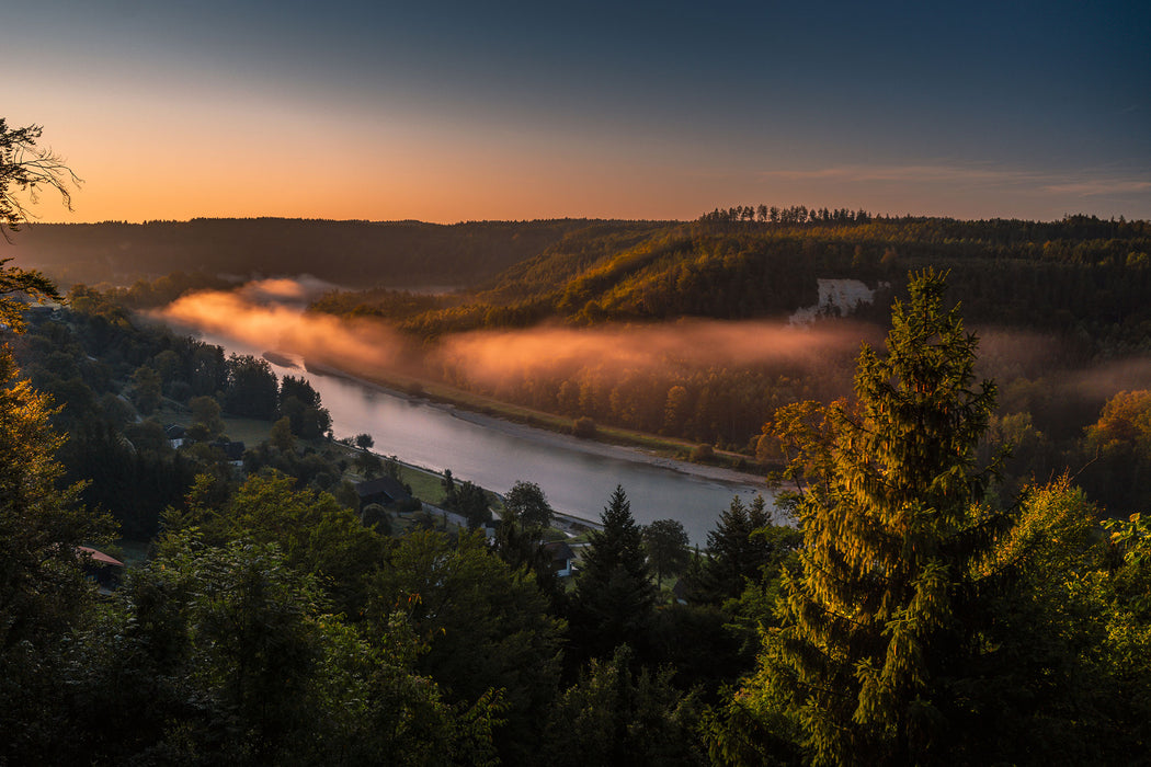 Nebel über Fluss in Waldlandschaft, Glasbild