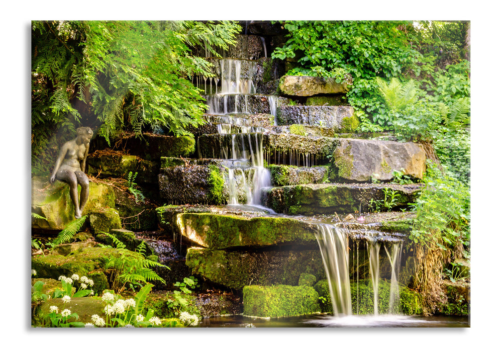 Pixxprint Kleiner Wasserfall über Steinplatten, Glasbild