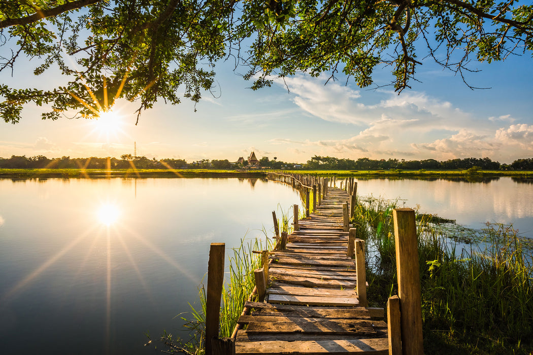 Holzbrücke über Natursee im Sommer, Glasbild