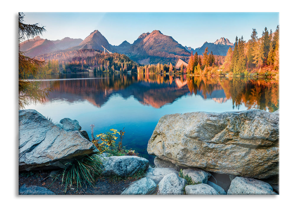 Pixxprint Herbstlicher Natursee in der Slowakei, Glasbild