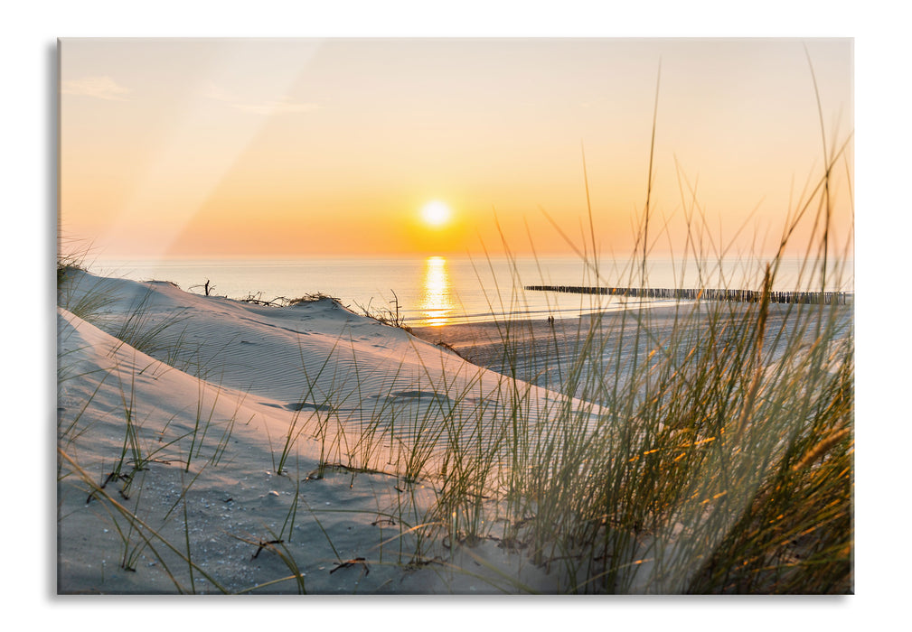 Dünenblick auf Meer bei Sonnenuntergang, Glasbild