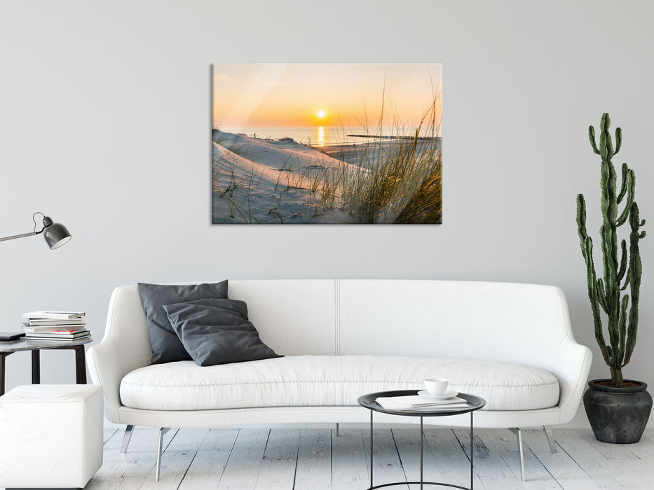 Dünenblick auf Meer bei Sonnenuntergang, Glasbild