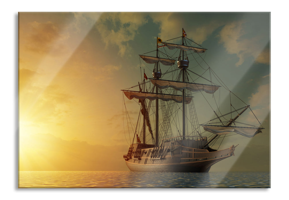 Großes Segelschiff im Sonnenuntergang, Glasbild