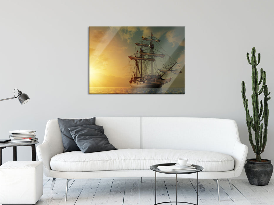 Großes Segelschiff im Sonnenuntergang, Glasbild