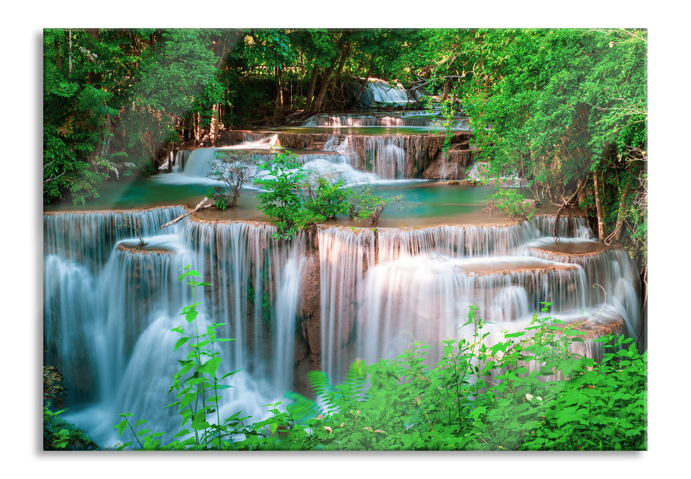 Pixxprint Türkise Wasserfälle in Thailand, Glasbild