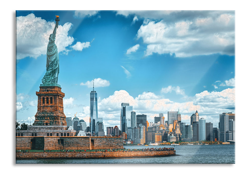 Pixxprint Freiheitsstatue mit New Yorker Skyline, Glasbild