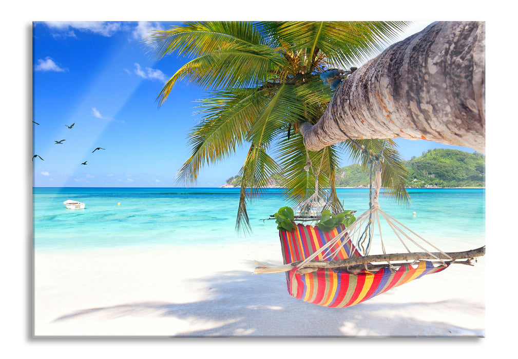 Pixxprint Bunte Hängematte am Traumstrand, Glasbild