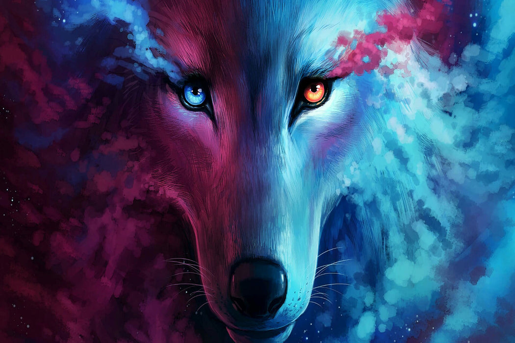 Abstrakter Wolf mit rauchenden Augen, Glasbild