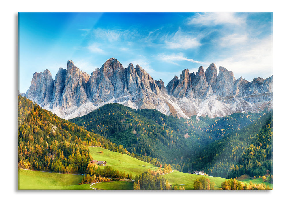 Pixxprint Bunte Waldlandschaft vor den Dolomiten, Glasbild