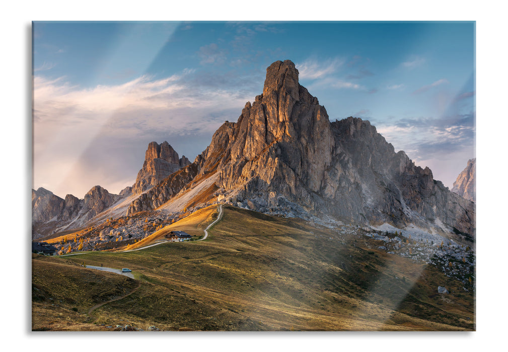 Dolomiten im Sonnenuntergang, Glasbild