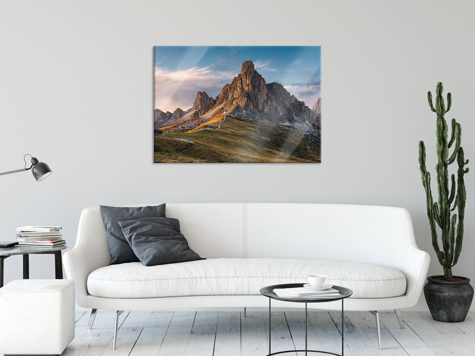 Dolomiten im Sonnenuntergang, Glasbild