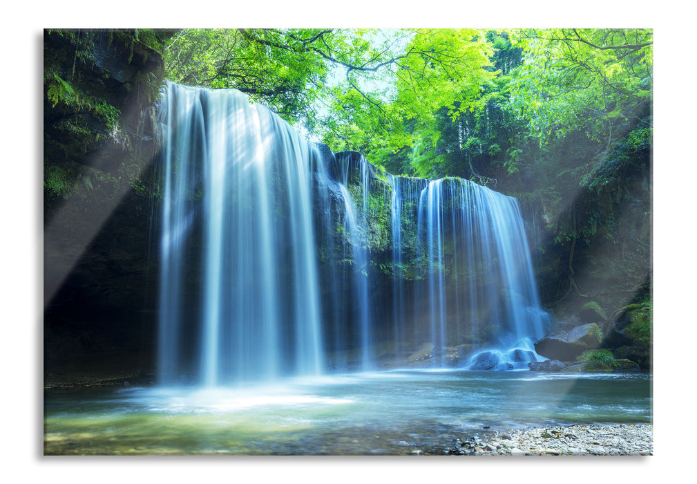 Pixxprint Tropischer Wasserfall im Wald, Glasbild