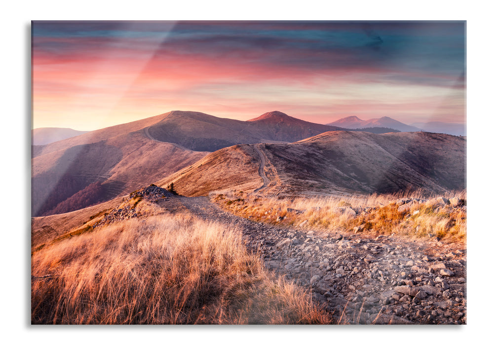 Steinlandschaft bei Sonnenuntergang, Glasbild