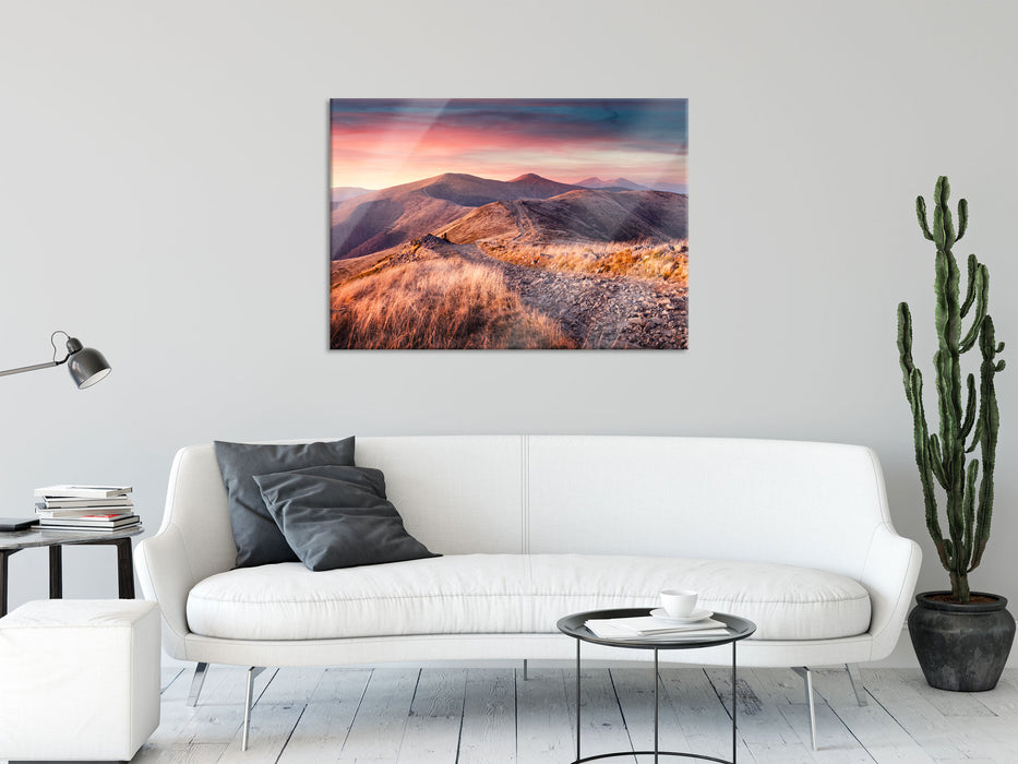 Steinlandschaft bei Sonnenuntergang, Glasbild