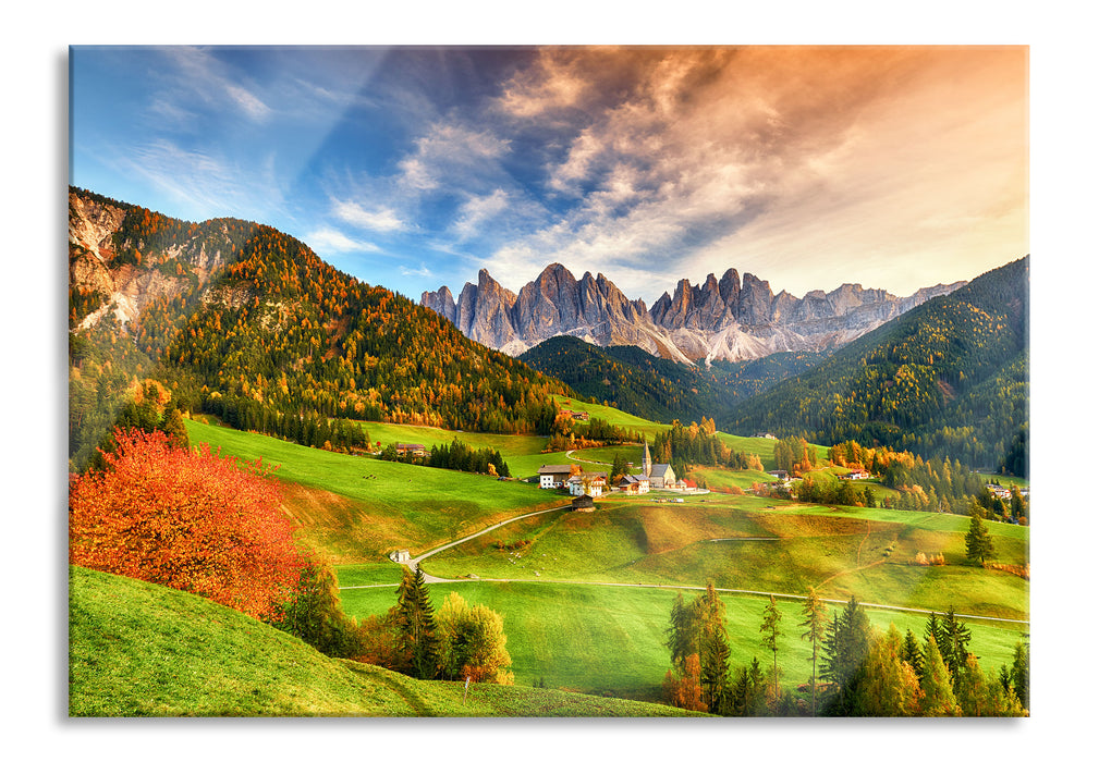 Herbstliche Landschaft in den Dolomiten, Glasbild