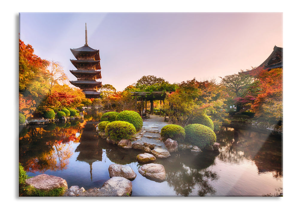 Pixxprint See im Herbst vor japanischem Tempel, Glasbild