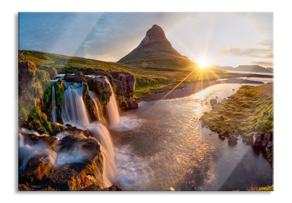 Pixxprint Wasserfall in Isalnd bei Sonnenuntergang, Glasbild