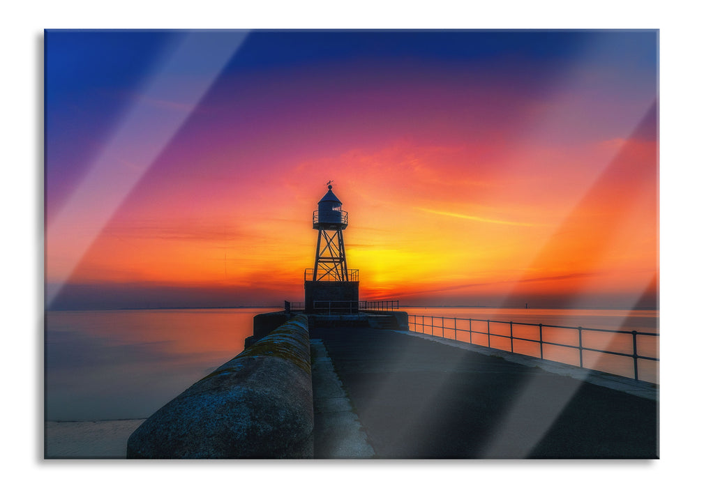 Pixxprint Leuchtturm am Steg bei Sonnenuntergang, Glasbild