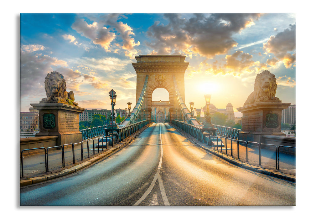 Pixxprint Brücke in Budapest bei Sonnenuntergang, Glasbild