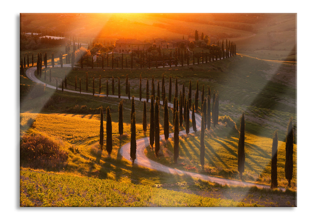 Pixxprint Straße in der Toskana im Sonnenuntergang, Glasbild