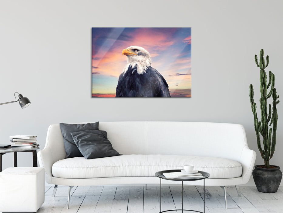 Weisskopfseeadler im Sonnenuntergang, Glasbild