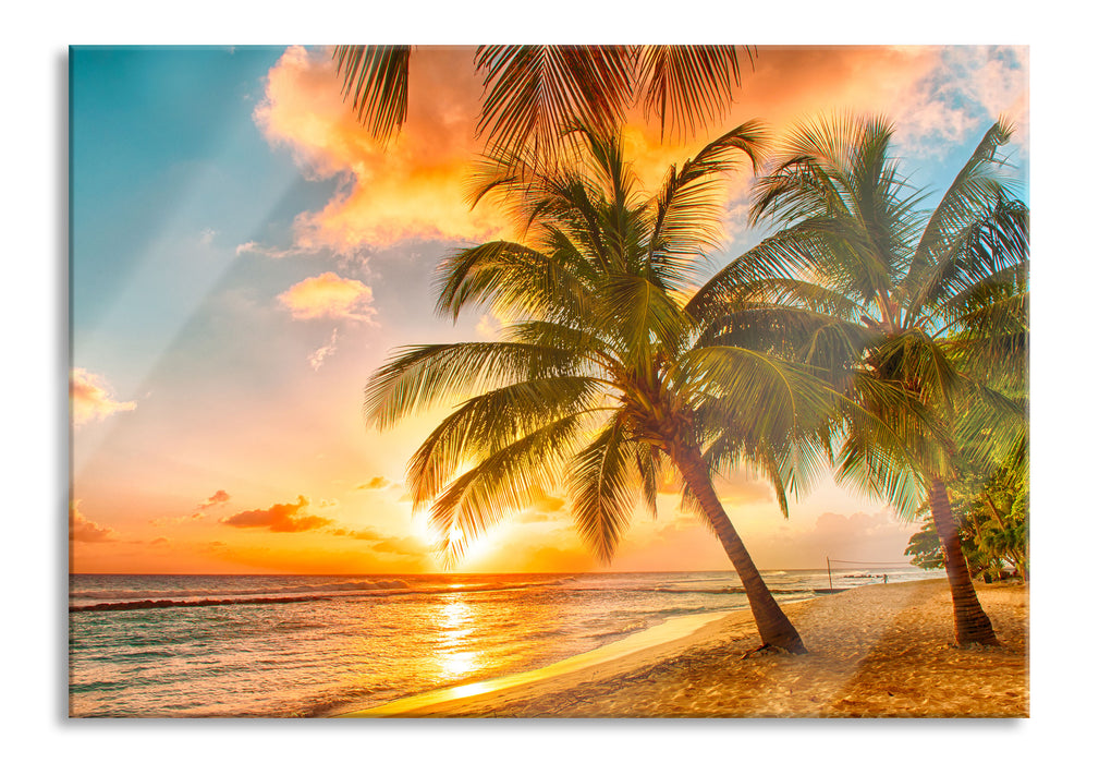 Pixxprint Palmen im Sonnenuntergang auf Barbados, Glasbild