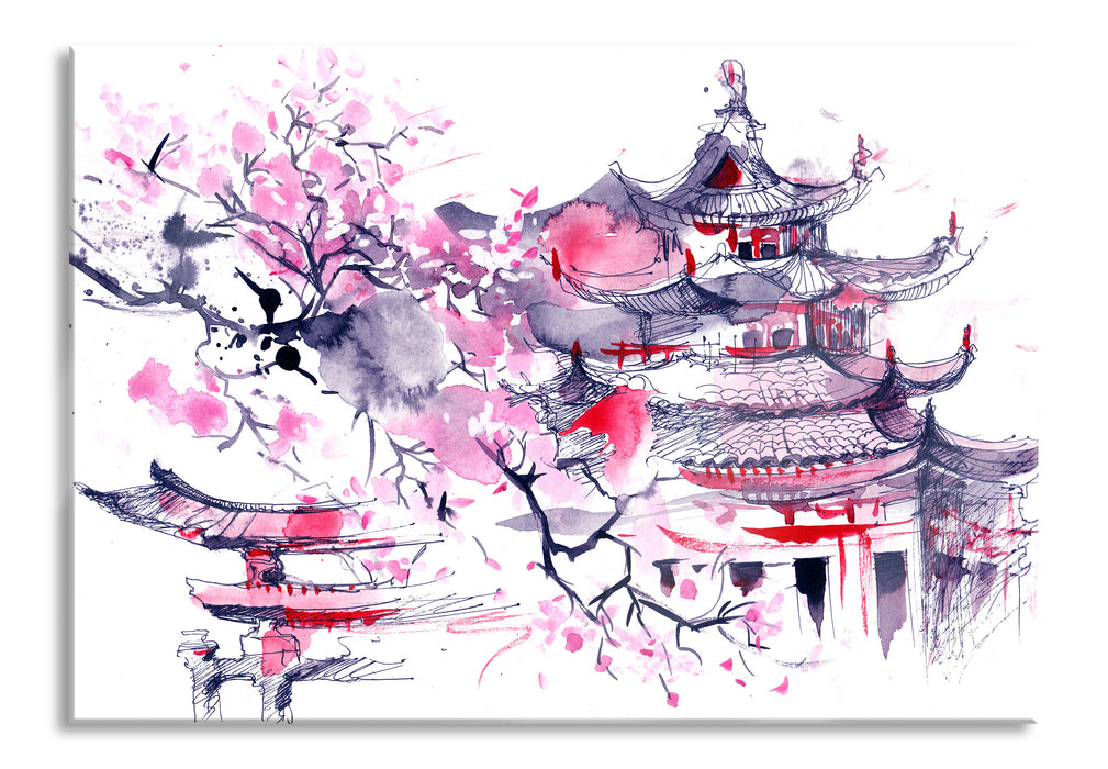 Pixxprint Japanischer Tempel Wasserfarben, Glasbild