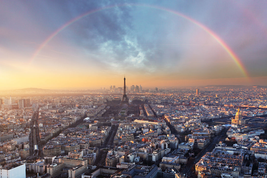 Panorama Regenbogen über Paris, Glasbild