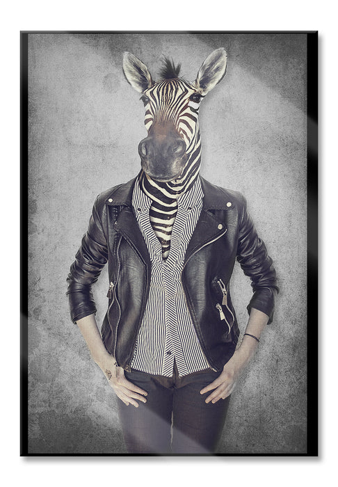 Pixxprint Zebrakopf Menschenkörper mit Lederjacke B&W Detail, Glasbild