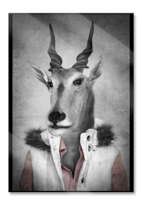 Pixxprint Antilopenkopf mit Menschenkörper B&W Detail, Glasbild