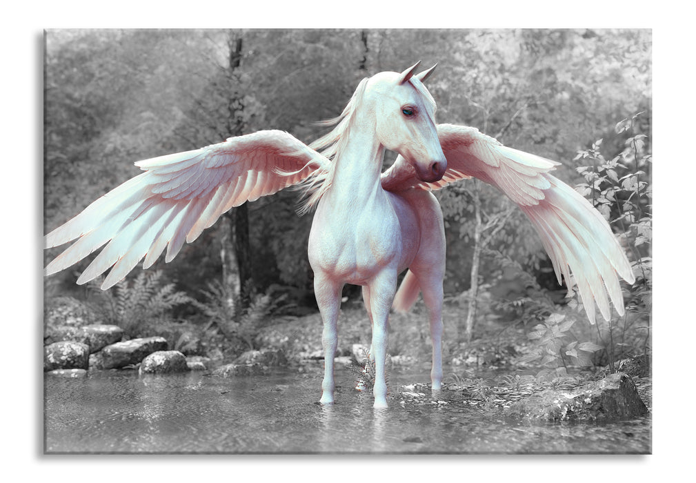 Pixxprint Pegasus im Fluss eines Herbstwaldes B&W Detail, Glasbild