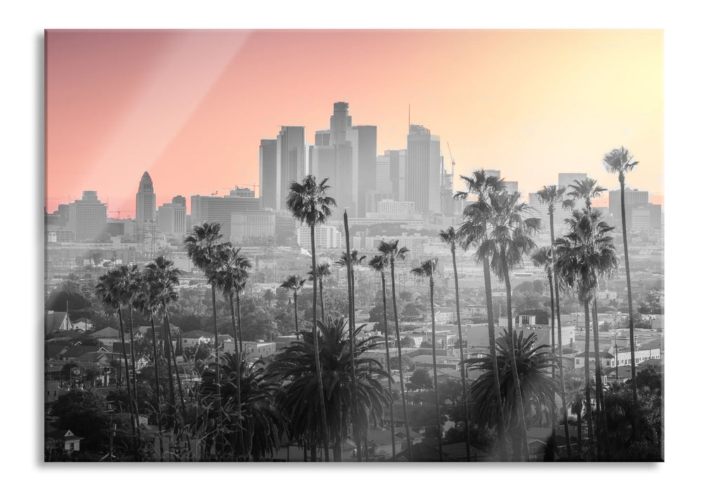 Palmen vor Skyline von Los Angeles B&W Detail, Glasbild