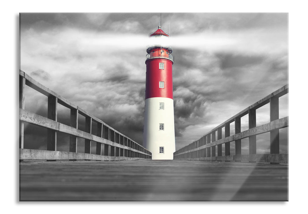 Pixxprint Leuchtturm am Ende eines Stegs B&W Detail, Glasbild