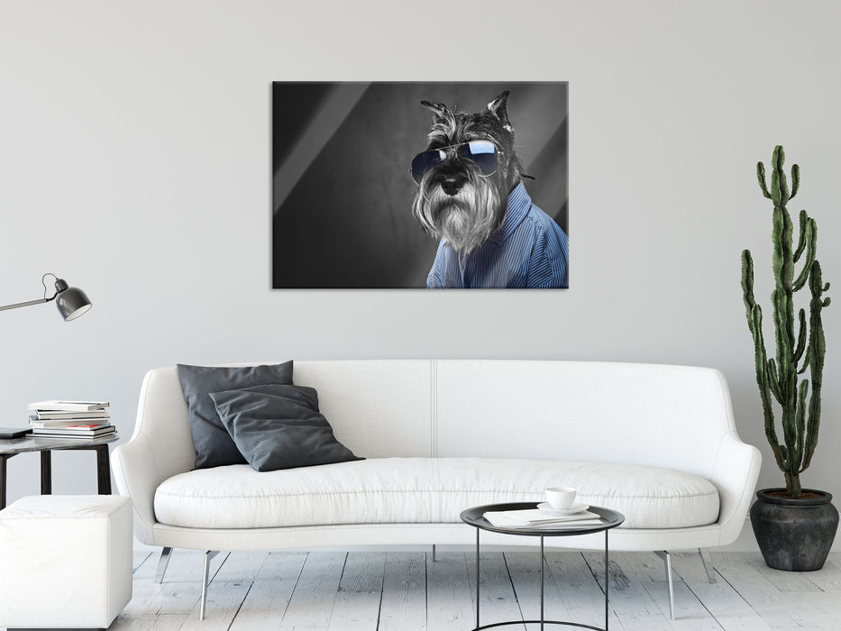 Lustiger Hund mit Hemd und Sonnenbrille B&W Detail, Glasbild