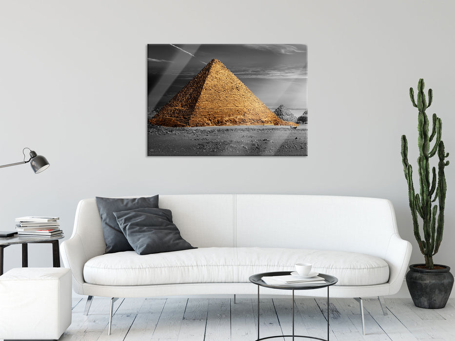 Ägyptische Pyramiden bei Sonnenuntergang B&W Detail, Glasbild