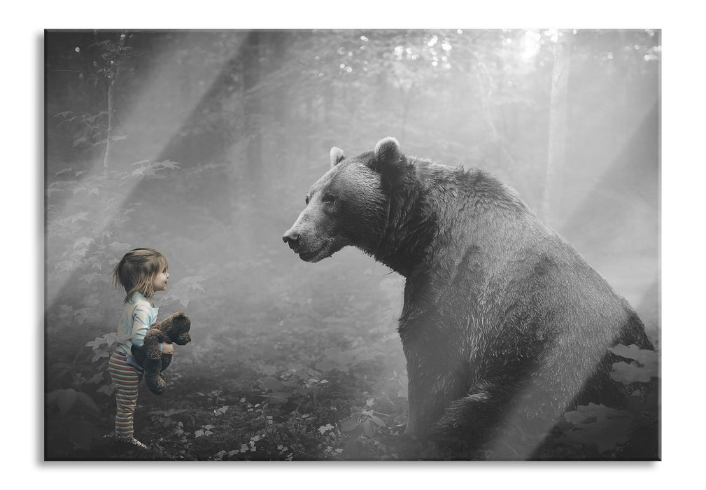 Mädchen mit Teddy und Bär im Wald B&W Detail, Glasbild