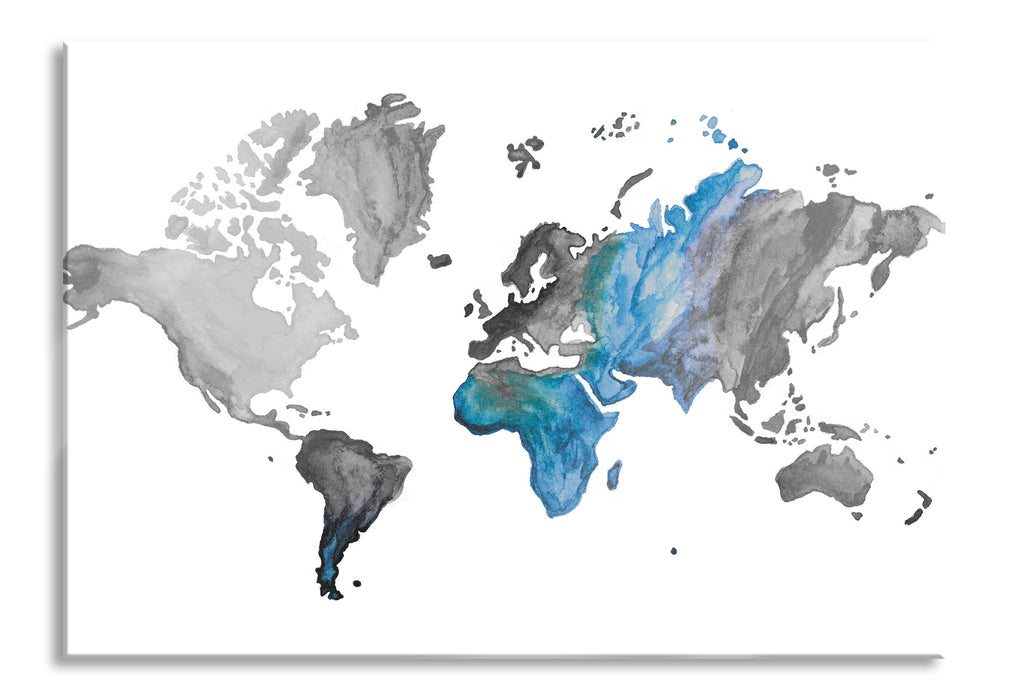 Bunte Weltkarte in Aquarell-Farben B&W Detail, Glasbild