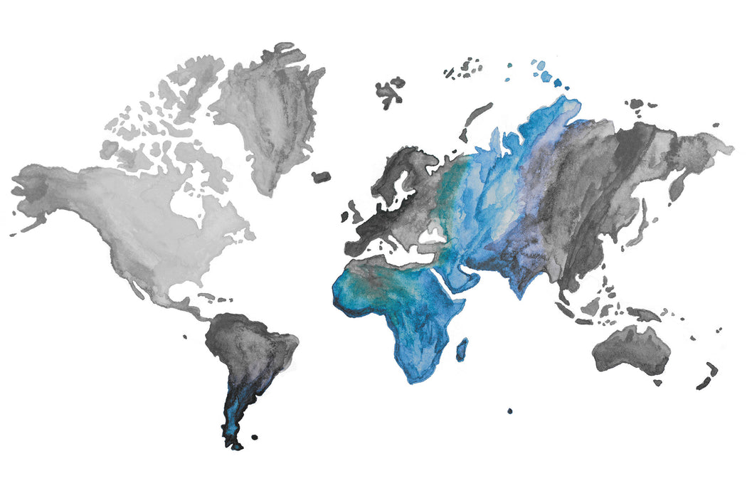 Bunte Weltkarte in Aquarell-Farben B&W Detail, Glasbild