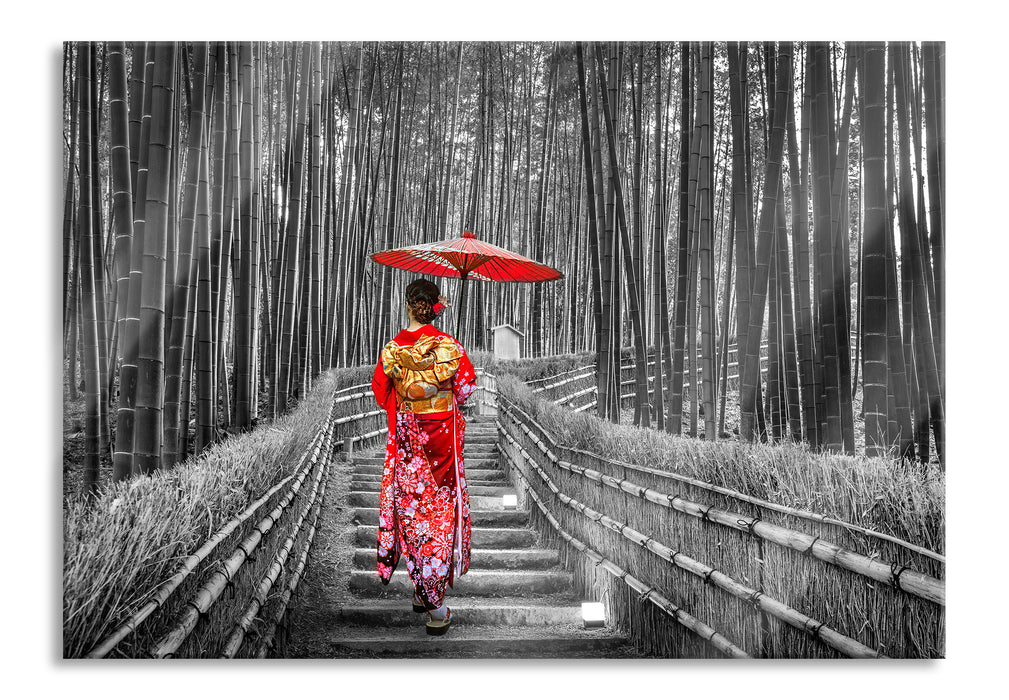 Pixxprint Frau im janapischen Kimono im Bambuswald B&W Detail, Glasbild