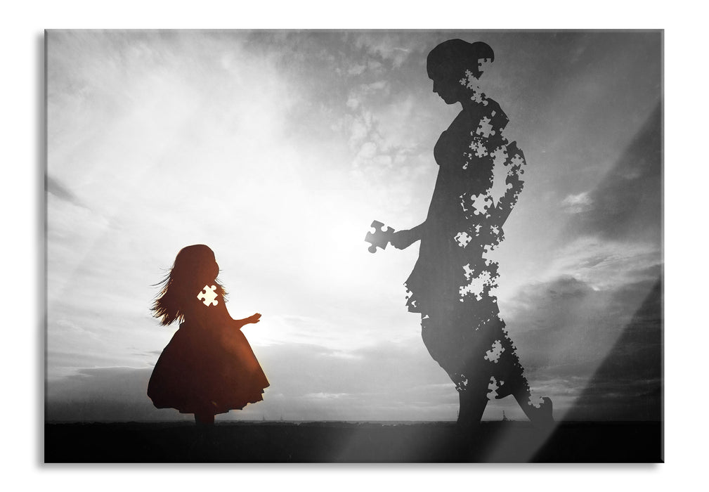 Silhouette Puzzle Mutter und Kind B&W Detail, Glasbild