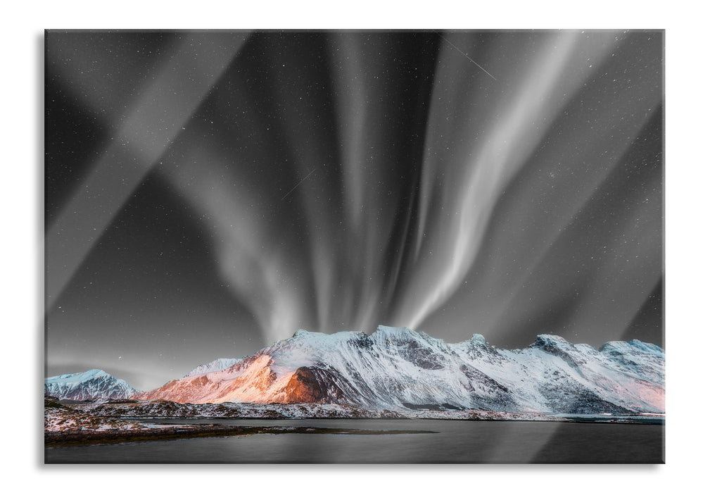 Nordlichter über Gletscher in Norwegen B&W Detail, Glasbild