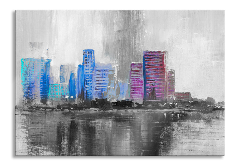 Abstraktes Ölgemälde einer Skyline B&W Detail, Glasbild